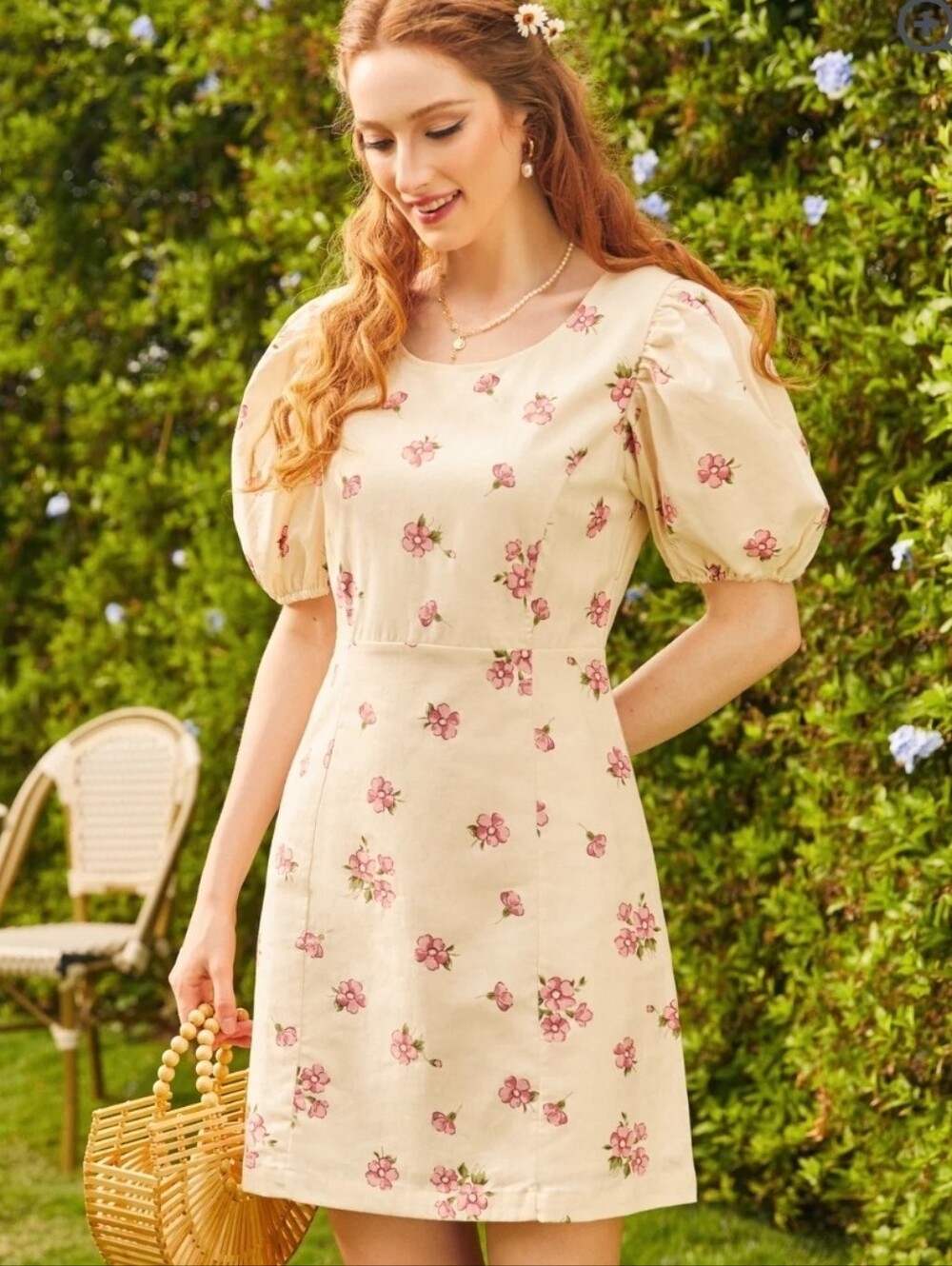 ModCloth X Princess Highway Cream Dress with Pink Floral Print and Puff Sleeves